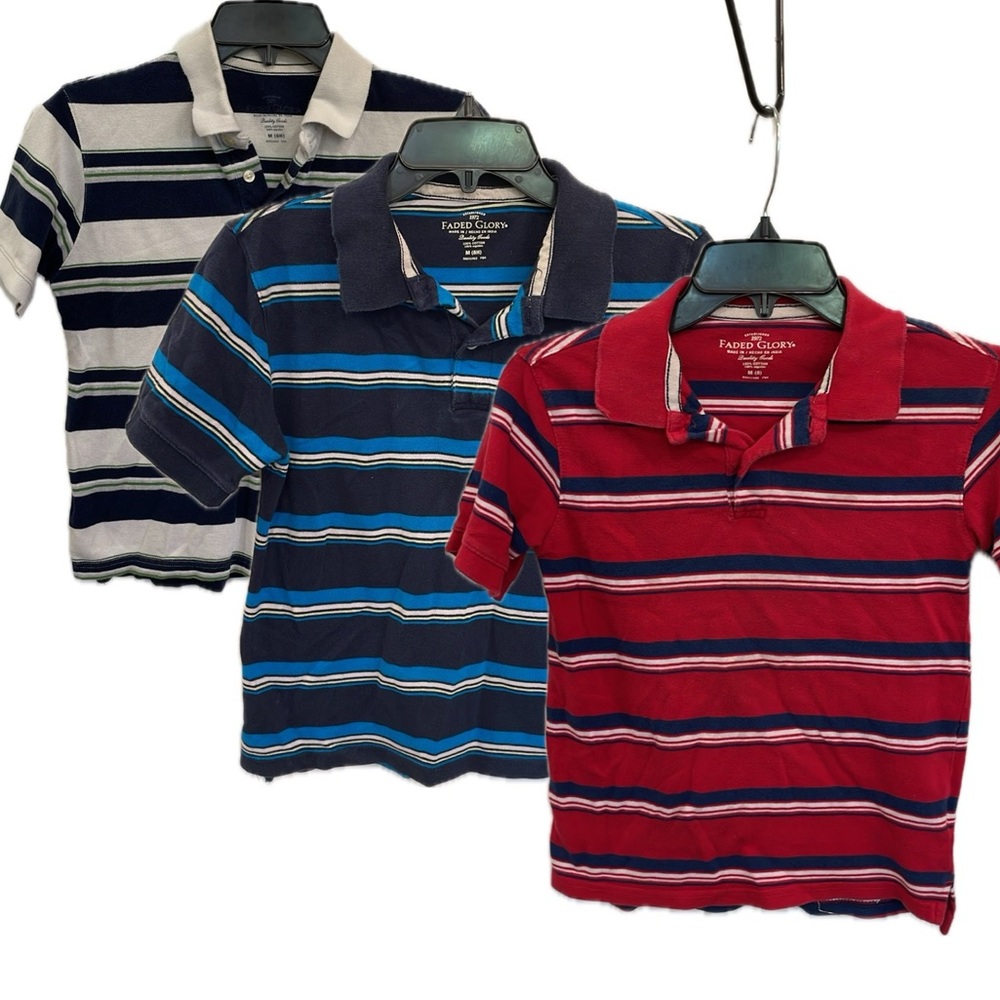 Lot of 3 Boys Short Sleeve Stripe Polo Shirts Red White Blue 8 Husky Faded Glory
